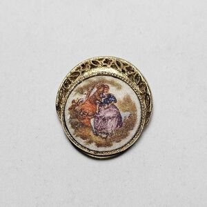 Vintage Gold Brooch with Painted Scene